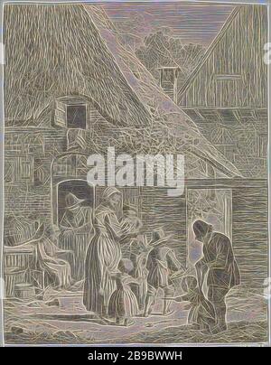 Agriculteurs et enfants à la ferme, Ferme avec un homme penchant sur une porte inférieure. Une femme est assise devant la porte et alimente des poulets. Sur le chemin devant la ferme, une femme avec quatre enfants, dont elle tient dans ses bras. Au premier plan, un homme avec un enfant sur un laisse, une mère et un enfant, une femme et un enfant (s) (groupe familial), avec un père et un enfant (s), un homme et un enfant (s) (groupe familial), apprendre à marcher, les premières étapes, Johannes Christiaan Janson, 1778 - 1823, papier, gravure, h 209 mm × W 163 mm, repensée par Gibon, conception de la gaie chaude et gaie de la luminosité et des rayons de lumière Banque D'Images