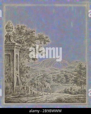 Paysage avec fontaine, paysage vallonné avec fontaine. Un homme, vu de l'arrière, et une boisson âne de la fontaine. À côté de l'âne une femme assise sur un cheval. En face de la fontaine, un homme qui s'est couté avec un chien. Avec la montagne pointue en arrière-plan. Plus édité que les états précédents, pasteurs, scènes Arcadiennes, Johannes Janson (possiblement), Leiden, 1761 - 1784, papier, gravure, h 170 mm × W 143 mm, repensé par Gibon, conception de glanage chaud et gai de luminosité et de rayons de lumière radiance. L'art classique réinventé avec une touche moderne. Photographie inspirée du futurisme, embrassant la dyn Banque D'Images