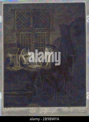 Philosophe dans son étude, à la lumière venant d'une lampe à huile, un homme dans une pièce sombre étudie un livre sur la table devant lui. Derrière le livre se trouve une loupe et une boîte ouverte remplie de papier et un sablier sur la table, universitaire dans son étude, loupe, sablier, Johannes Pieter de Frey (mentionné sur l'objet), 1796, papier, gravure, h 220 mm × W 167 mm, repensée par Gibon, conception d'un brillant chaleureux et joyeux de la luminosité et des rayons de lumière radiance. L'art classique réinventé avec une touche moderne. La photographie inspirée du futurisme, embrassant l'énergie dynamique de la technologie moderne, movem Banque D'Images