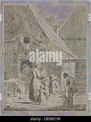 Agriculteurs et enfants à la ferme, Ferme avec un homme penchant sur une porte inférieure. Une femme est assise devant la porte et alimente des poulets. Sur le chemin devant la ferme, une femme avec quatre enfants, dont elle tient dans ses bras. Juste au premier plan un homme avec un enfant sur une laisse. Le spectacle a été édité encore plus que les états précédents, mère et enfant(s), femme et enfant (s) (NOMBRE de familles d'enfants), père et enfant (s), homme et enfant (s) (groupe de famille), apprendre à marcher, les premières étapes, Johannes Christiaan Janson, 1778 - 1823, papier, gravure, h 224 mm × l 176 mm, repensé par Gibon, Banque D'Images