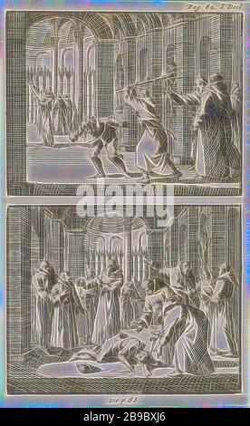 Frère Felix frappe un étudiant / Monks trouver l'étudiant inconscient. 82. I partie. Bas centre: Voir p. 83, moine (s), friar (s), châtiment corporel à l'école: Castigating, battre, etc., inconscience, Jan Luyken, Amsterdam, 1697, papier, gravure, h 141 mm × W 87 mm, repensé par Gibon, design de glanissement chaleureux et de rayonnement de lumière. L'art classique réinventé avec une touche moderne. La photographie inspirée du futurisme, qui embrasse l'énergie dynamique de la technologie moderne, du mouvement, de la vitesse et révolutionne la culture. Banque D'Images
