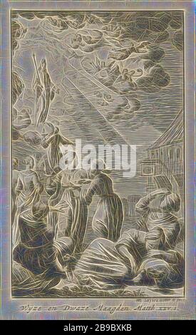 Parabole des vierges sages et folles Sages et des vierges folles vingt-quatre scènes du Nouveau Testament (titre de la série), des vierges sages et folles, parabole du Christ (Matthieu 25 : 1) -13), Jan Luyken (mentionné sur l'objet), Amsterdam, 1681, papier, gravure, h 124 mm × W 76 mm, réinventé par Gibon, conception de la gaieté chaleureuse et gaie de la luminosité et des rayons de lumière radiance. L'art classique réinventé avec une touche moderne. La photographie inspirée du futurisme, qui embrasse l'énergie dynamique de la technologie moderne, du mouvement, de la vitesse et révolutionne la culture. Banque D'Images