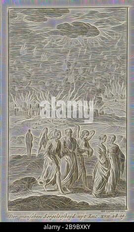 Lot et ses filles quittent la brûlante Sodome Der menschen Sorgeloosheijd uijt vingt-quatre scènes du Nouveau Testament (titre de la série), la destruction de Sodome et Gomorrah: Lot et sa famille s'enfuient à Zoar, transportant leurs biens, un ange peut montrer la voie (Genèse 19: 24-29), Jan Luyken (mentionné sur l'objet), Amsterdam, 1727 - 1729, papier, gravure, h 124 mm × W 75 mm, repensé par Gibon, design de gaieté chaleureuse et gaie de luminosité et de rayonnement de lumière. L'art classique réinventé avec une touche moderne. La photographie inspirée du futurisme, qui embrasse l'énergie dynamique de la technologie moderne, Banque D'Images