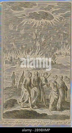 Lot et ses filles quittent la brûlante Sodome Der menschen Sorgeloosheijd uijt vingt-quatre scènes du Nouveau Testament (titre de la série), la destruction de Sodome et Gomorrah: Lot et sa famille s'enfuient à Zoar, transportant leurs biens, un ange peut montrer la voie (Genèse 19: 24-29), anonyme, 1720, papier, gravure, h 123 mm × W 70 mm, repensé par Gibon, conception de glanage chaleureux et gai de la luminosité et des rayons de lumière radiance. L'art classique réinventé avec une touche moderne. La photographie inspirée du futurisme, qui embrasse l'énergie dynamique de la technologie moderne, du mouvement, de la vitesse et révolutionne la culture Banque D'Images