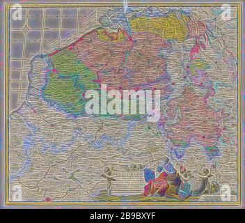 Carte des Pays-Bas du Sud Provinciae Belgique Regii Distinctae eo, quo Sunt hodie divisae Inter Regem Galliae modo, Hispaniae (...) (titre sur l'objet), la carte des Pays-Bas du sud, avec un cartouche au milieu avec le titre et l'adresse de l'éditeur. A la tete d'un peu de putti, dont deux sont près d'un globe, sur lequel 'Belgii Regii'. Entre les putti une jeune femme sur le dos d'un lion. La femme et le lion à la fois tenir un blason, des cartes de pays ou de régions distinctes, Cupids : 'amores', 'amoretti', 'putti', boussoles, sphère armillaire, squelette globe céleste, le sud de l'Neth Banque D'Images