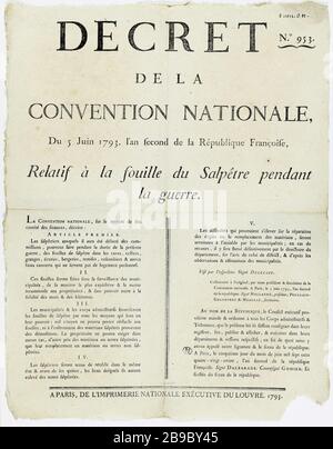 Non. 953. DÉCRET DE LA CONVENTION NATIONALE du 5 juin 1793, la deuxième année de la République française [sic] relative à la recherche du saltpeter pendant la guerre. N°. 953. Défense de la Convention nationale relatif à la fouille du Salpêche pendentif la guerre. Gravure sur bois et typographie, 1793. Paris, musée Carnavalet. Banque D'Images