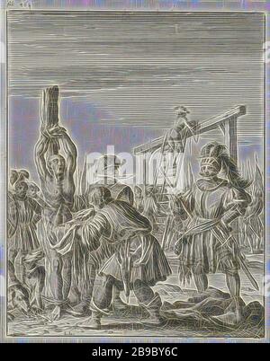 Bertrand de Gourdon, dont le tir a tué Richard le coeur de Lionheart, est pelé vivant, marque supérieure gauche : foli 468, prosélytisme militant : Guerre religieuse, croisade, etc., mort violente en flamboyant, Bertrand I de Gourdon, Richard I Lionheart (roi d'Angleterre), Jan Luyken (mentionné sur l'objet), Amsterdam, 1683, papier, gravure, h 164 mm × W 129 mm, repensée par Gibon, design de glanissement chaleureux de la luminosité et des rayons de lumière. L'art classique réinventé avec une touche moderne. La photographie inspirée du futurisme, qui embrasse l'énergie dynamique de la technologie moderne, du mouvement, de la vitesse et révolutionne la culture. Banque D'Images