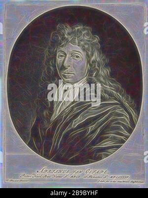 Portrait d'Adriaen van Ostade, le peintre Adriaen van Ostade. Il porte un collier en dentelle, Adriaen van Ostade, Jacob Gole (mentionné sur l'objet), Amsterdam, 1685, papier, gravure, h 198 mm × W 159 mm, repensé par Gibon, design de gaie chaleureuse de luminosité et de rayons de lumière radiance. L'art classique réinventé avec une touche moderne. La photographie inspirée du futurisme, qui embrasse l'énergie dynamique de la technologie moderne, du mouvement, de la vitesse et révolutionne la culture. Banque D'Images