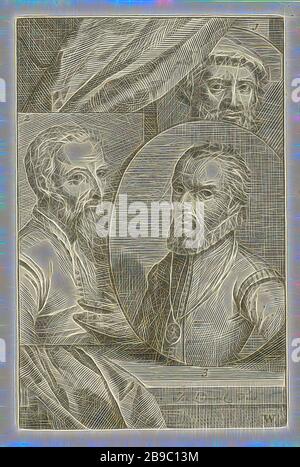 Portraits de Pieter Coecke van Aelst, Maarten van Heemskerck et Michiel Coxie, trois portraits d'artistes numérotés. Portrait de Pieter Coecke van Aelst (no 1), Maarten van Heemskerck (no 2) et Michiel Coxie (no 3). Imprimé en bas à droite: W, Pieter Coecke van Aelst (I), Maarten van Heemskerck, Michiel Coxie (I), Jan l'Admiral (mentionné sur l'objet), 1764, papier, gravure, h 153 mm × W 101 mm, repensé par Gibon, design de gai gai gai chaud de luminosité et de rayons de lumière. L'art classique réinventé avec une touche moderne. La photographie inspirée du futurisme, embrassant l'énergie dynamique du mod Banque D'Images