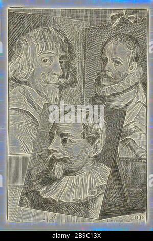 Portraits de Hendrik van Steenwijck, Jacob de Gheyn et Sebastiaan Vranx, trois portraits d'artistes numérotés. Portrait de Hendrik van Steenwijck (no 1), Jacob de Gheyn (non 2) et Sebastiaan Vranx (no 3). Imprimé en bas à droite: DD, Hendrik van Steenwijck (II), Jacob de Gheyn (II), Sebastiaan Vrancx, Jan l'Admiral (mentionné sur l'objet), 1764, papier, gravure, h 156 mm × W 103 mm, repensé par Gibon, design de gai gai chaud de luminosité et de rayons de lumière. L'art classique réinventé avec une touche moderne. La photographie inspirée du futurisme, embrassant l'énergie dynamique de la technologie moderne Banque D'Images