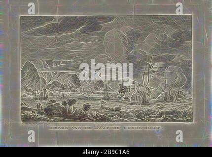 Vue sur la route au Cap de Good Hope, vue sur la route au Cap de Good Hope où les navires sont à courte distance de la côte, navire sur les routes, route, Cap de Good Hope, Simon Fokke (mentionné sur l'objet), 1768 - 1794, papier, gravure, h 210 mm × W 304 mm, repensé par Gibon, conception de la lueur chaleureuse et gaie de la luminosité et des rayons de lumière radiance. L'art classique réinventé avec une touche moderne. La photographie inspirée du futurisme, qui embrasse l'énergie dynamique de la technologie moderne, du mouvement, de la vitesse et révolutionne la culture. Banque D'Images