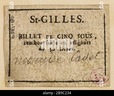 5 note à Saint-Gilles. Anonyme. Billette de 5 sous, Saint-Gilles. Typographie, encre. Paris, musée Carnavalet. Banque D'Images