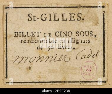 5 note à Saint-Gilles. Anonyme. Billette de 5 sous, Saint-Gilles. Typographie, encre. Paris, musée Carnavalet. Banque D'Images