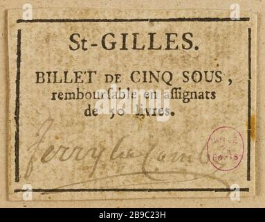 5 note à Saint-Gilles. Anonyme. Billette de 5 sous, Saint-Gilles. Typographie, encre. Paris, musée Carnavalet. Banque D'Images