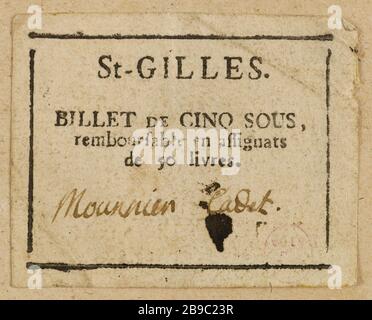 5 note à Saint-Gilles. Anonyme. Billette de 5 sous, Saint-Gilles. Typographie, encre. Paris, musée Carnavalet. Banque D'Images