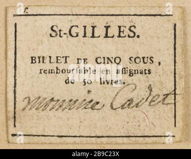 5 note à Saint-Gilles. Anonyme. Billette de 5 sous, Saint-Gilles. Typographie, encre. Paris, musée Carnavalet. Banque D'Images