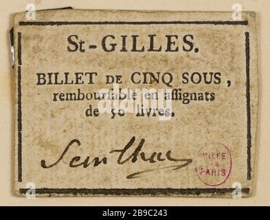 5 note à Saint-Gilles. Anonyme. Billette de 5 sous, Saint-Gilles. Typographie, encre. Paris, musée Carnavalet. Banque D'Images