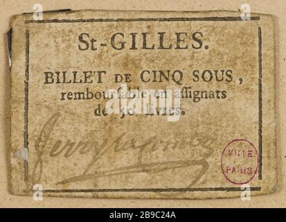 5 note à Saint-Gilles. Anonyme. Billette de 5 sous, Saint-Gilles. Typographie, encre. Paris, musée Carnavalet. Banque D'Images
