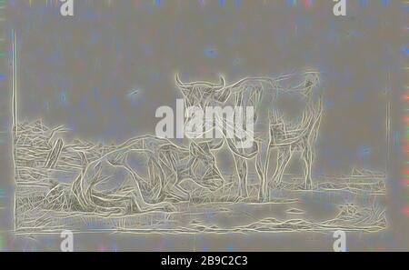 Vaches dans un paysage, un mensonge et une vache debout par une clôture abandonnée. Une troisième vache paît en arrière-plan et les contours d'une tour d'église peuvent être vus, vache, Jan Kobell (II), 1788 - 1814, papier, contre-épreuve, h 88 mm × W 150 mm, réimaginé par Gibon, conception de glanissement chaud et gai de luminosité et de rayons de lumière radiance. L'art classique réinventé avec une touche moderne. La photographie inspirée du futurisme, qui embrasse l'énergie dynamique de la technologie moderne, du mouvement, de la vitesse et révolutionne la culture. Banque D'Images