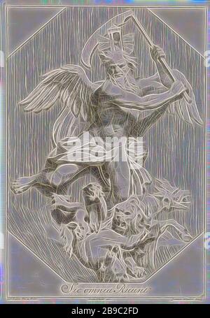 Père temps SIC omnia ruine (titre sur objet) représentations bibliques, mythologiques et allégoriques (titre de série), Père temps avec scythe en main et sablier sur sa tête. Parmi lui, toutes sortes d'animaux: Entre autres, un lion et un porc. Après une peinture perdue de Gérard de Lairesse. L'imprimé fait partie d'une série avec des représentations bibliques, mythologiques et allégoriques, Père temps, homme avec ailes et scythe, bêtes de proie, animaux prédateurs : lion, animaux à accrochage : Boar, Johannes Glauber (mentionné sur l'objet), 1680 - 1726, papier, gravure, h 355 mm × W 235 mm, repensée par Gibon, conception de chaud Banque D'Images