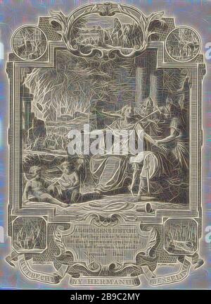 Cartouche avec allégorie sur l'histoire des Juifs pour la page de titre : Kornelis Westerbaen, général histori, 1743, le peuple juif vierge est assiégée par trois soldats. Dans l'arrière-plan la destruction de Rome. Sur la gauche au premier plan deux putti, l'un avec le Croissant-Rouge turc à la main, représentant l'ascension et la chute de l'empires mondiaux (l'Partian, perse et République Empire). Dans le cadre de la cartouche avec des scènes bibliques, personnifications de pays, les nations, les États, les districts, etc, les empires du monde, destruction de la ville conquise, la mort violente par arme, Rome, Jan Caspar Philip Banque D'Images