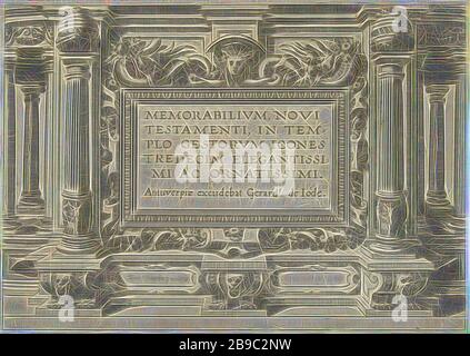 Memorabivm Novi Testamenti in templo gestorvm icones tredecim elegantissimi ac orornemsimi (titre sur objet) titre architectural imprimé pour une série de 13 reproductions avec des événements du Nouveau Testament qui ont lieu autour du temple., vue sur la ville, paysage avec des constructions artificielles, paysages avec eaux, paysages d'eau, capes (dans la zone tempérée), eglise (extérieure), Eger, Lucas van Doetéchum, Anvers, c. 1572, papier, gravure, h 203 mm × W 288 mm, repensé par Gibon, design de brillant gai chaud de luminosité et de rayonnement de rayons lumineux. L'art classique réinventé avec une touche moderne. Photogr Banque D'Images