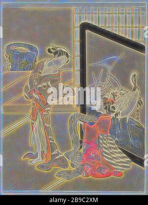 Choisir un obi, une femme, debout dans un kimono avec un motif de bambou enneigé, regardant obi qui lui est montré par une femme assise à côté d'un écran représentant deux grues. En arrière-plan une vue sur le porche et le bassin., Suzuki Harunobu (mentionné sur l'objet), Japon, 1765 - 1770, papier, couleur bois coupé, h 288 mm × W 216 mm, réinventé par Gibon, design de glanissement chaud et gai de la luminosité et des rayons de lumière radiance. L'art classique réinventé avec une touche moderne. La photographie inspirée du futurisme, qui embrasse l'énergie dynamique de la technologie moderne, du mouvement, de la vitesse et révolutionne la culture. Banque D'Images