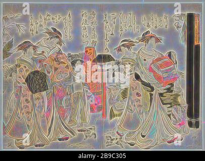 Courtesans Takikawa et Hanaogi de la maison Ogiya miroir des manuscrits des nouveaux beaux courtesans du Yoshiwara (titre de la série) Yoshiwara keisei shin bijin jihitsu kagami, deux courtesans, chacun suivi d'un shinzo (courtesan en formation) et deux kamuro (aide d'un courtesan). Le modèle de fans, de branches de fleurs de pins et de prune sur le kimono de shinzo fait référence au nouvel an. Au-dessus de chacun des courtesans, un poème classique, apparemment dans leur propre écriture, courtesan, hetaera, Kitao Masanobu, Tokyo, 1783, papier, couleur bois, h 369 mm × W 502 mm, réinventé par Gibon, dessin de Banque D'Images