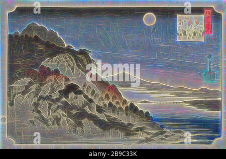 Lune d'automne à Ishiyama Ishiyama no shugetsu (titre sur objet) huit vues de la province d'Omi (titre de la série) Omi hakkei, paysage de montagne avec l'extrême gauche, contre le flanc de la montagne, le temple d'Ishiyama et en arrière-plan le lac Biwa avec le pont de Seta, à pleine lune. Dans la cartouche carrée en haut à droite un poème, pleine lune, Hiroshige (I), Utagawa (mentionné sur l'objet), 1833 - 1837, papier, gravure de couleur, h 245 mm × W 370 mm, repensé par Gibon, conception de glanissement chaud et gai de luminosité et de rayons de lumière. L'art classique réinventé avec une touche moderne. La photographie s'inspire Banque D'Images