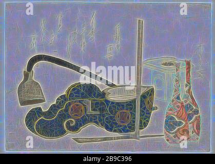 Bouteilles de saké et outils de menuiserie, une vie encore de bouteilles de saké et outils de charpentier, entre autres de laque noire. Ces objets rituels ont probablement été utilisés lors d'une cérémonie avant les travaux de construction. L'auteur de ce tirage a vécu à Mokuzaichôgashi (Houtstraat). Avec un poème, Ryûryûkyo Shinsai (mentionné sur l'objet), Japon, c. 1800 - c. 1805, papier, gravure en bois de couleur, h 136 mm × W 184 mm, repensé par Gibon, design de brillant gai chaud de luminosité et de rayonnement de lumière. L'art classique réinventé avec une touche moderne. La photographie inspirée du futurisme, embrassant l'énergie dynamique du t moderne Banque D'Images