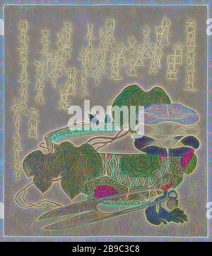 Liseron des champs en fleurs dans un bol en porcelaine, la feuille et d'un mauve, blanc et bleu, de fleurs des champs dans un bol en porcelaine avec de l'eau. Au premier plan une paire de ciseaux. Avec quatre poèmes qui mettent l'accent sur l'inflorescence du liseron des champs, les fleurs s'ouvrent tôt le matin et ferment avant midi. Un poème, par exemple, se lit comme suit : Les fleurs du vent doit avoir faim - ils ouvrent chaque matin avant le petit déjeuner. Différents types de plus en plus d'une activité bien-aimé windes dans la fin de la période Edo (1800-1868)., Yashima Gakutei (mentionné sur l'objet), Japon, 1810 - 1819, gravure sur bois, papier couleur, h 211 mm × W 186 mm Banque D'Images