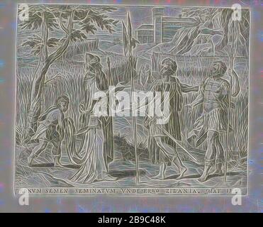 Le locateur inspecte les champs Leeringhe Gelyckenissen Iesu par série (titre) parabole du semeur (titre de la série) den grooten Figuer-Bibel (...) (titre de la série), les serviteurs, les deux avec une hallebarde à la main, demandez au propriétaire s'ils devraient les mauvaises herbes mauvaises herbes parmi les céréales. Le propriétaire répond que le grain et les mauvaises herbes doit continuer à croître jusqu'à la récolte. Un garçon est maintenant la robe du locateur. Ci-dessous la performance une référence en Amérique pour le texte de la Bible en mat. 13:27. Cette impression est partie d'un album, une a semé une bonne semence dans son champ, de l'ivraie parmi le blé, Pieter Jalhea Furnius, 1568 et/o Banque D'Images