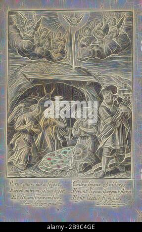 L'Adoration de l'Enfant Jésus par Marie et deux anges Vita Deiparae Virginis Mariae (titre de la série) la vie de la Vierge Marie (titre de la série), dans l'étable de Bethléem, Marie s'agenouille avec deux anges, dans l'adoration de l'enfant Jésus endormi. Joseph montres, avec juste rassemblé du bois dans ses mains. Au-dessus de l'Esprit Saint a volé comme une colombe, entouré par des anges avec des fleurs dans leurs mains. Dans la marge d'une légende de six lignes, en deux colonnes, en Amérique. L'impression est partie d'un album, l'adoration de l'enfant Jésus par Marie (ange (s)), Saint-esprit représenté comme une colombe (en flammes) (angel (s)), Jean Matheus (mentionne Banque D'Images