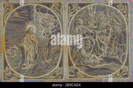 Christ dans le jardin de Gethsemane Passion du Christ (titre de la série), Christ prie dans le jardin de Gethsemane. Un ange avec une craie apparaît du ciel. Ses élèves dorment en arrière-plan. Judas entre dans le jardin par la porte et montre aux soldats l'endroit où Christ prie. Ovale dans un cadre rectangulaire, une fleur dans chaque coin. L'imprimé fait partie d'un album, la prière du Christ dans le jardin de Gethsemane pendant la nuit, anonyme, 1576 - 1650, papier, gravure, h 83 mm × W 67 mm, réimaginé par Gibon, design de glanissement chaleureux et gai de luminosité et de rayons de lumière radiance. Banque D'Images