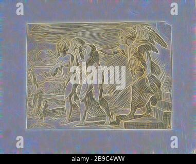 Expulsion du Paradis, un ange envoie Adam et Eve loin du Paradis, expulsion d'Adam et Eve du paradis (Genèse 3 : 22-24), Giovanni Lanfranco (mentionné sur l'objet), 1607, papier, gravure, h 130 mm × W 176 mm, repensé par Gibon, design de glanissement chaleureux et gai de la luminosité et des rayons de lumière radiance. L'art classique réinventé avec une touche moderne. La photographie inspirée du futurisme, qui embrasse l'énergie dynamique de la technologie moderne, du mouvement, de la vitesse et révolutionne la culture. Banque D'Images