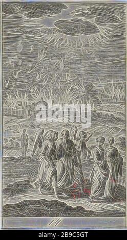 Lot et ses filles quittent le Sodome brûlant vingt-quatre scènes du Nouveau Testament (titre de la série), la destruction de Sodome et Gomorrah: Lot et sa famille s'enfuient à Zoar, portant leurs biens, un ange peut montrer la voie (Genèse 19: 24-29), anonyme, 1681 - 1762, papier, gravure, h 121 mm × W 68 mm, repensé par Gibon, design de glanage chaleureux et gai de la luminosité et des rayons de lumière radiance. L'art classique réinventé avec une touche moderne. La photographie inspirée du futurisme, qui embrasse l'énergie dynamique de la technologie moderne, du mouvement, de la vitesse et révolutionne la culture. Banque D'Images