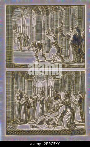 Frère Felix frappe un étudiant / Monks trouver l'élève inconscient, deux représentations d'un enregistrement, moine (s), friar (s), châtiment corporel à l'école: Castigating, battre, etc, inconscience, Jan Luyken, Amsterdam, 1697, papier, gravure, h 145 mm × W 92 mm, repensé par Gibon, design de gaieté chaleureuse et gaie de la luminosité et des rayons de lumière radiance. L'art classique réinventé avec une touche moderne. La photographie inspirée du futurisme, qui embrasse l'énergie dynamique de la technologie moderne, du mouvement, de la vitesse et révolutionne la culture. Banque D'Images