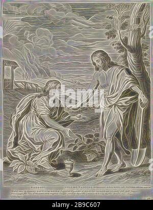 Christ apparaît à Marie Magdalene comme jardinier, après la Rébellion Christ apparaît à Marie Magdalène comme jardinier. Marie Magdalene s'agenouilla à gauche avant Christ, Marie Magdalene s'agenouillant avant Christ, Qui est habituellement représenté comme jardinier avec un comment et / ou une bêche, 'Noli me tangere', Adriaen Lommelin (mentionné sur l'objet), Anvers, 1673, papier, gravure, h 481 mm × W 368 mm, repensé par Gibon, conception de glanissement chaud et gai de lumière radiance. L'art classique réinventé avec une touche moderne. La photographie inspirée du futurisme, embrassant l'énergie dynamique du technol moderne Banque D'Images