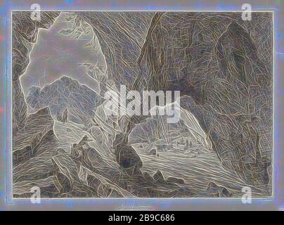 Sortie des grottes de Han, sortie des grottes de Han et de la Lesse. Au premier plan, deux voyageurs et en arrière-plan, quelques figures : Cave, Grotto, 'en route', Traveler Unway, Han-sur-Lesse, Martinus Antonius Kuytenbrouwer jr., Bruxelles, 1853, papier, point sec, h 234 mm × W 323 mm, repensé par Gibon, design de gai gai gai chaud de luminosité et de rayons de lumière. L'art classique réinventé avec une touche moderne. La photographie inspirée du futurisme, qui embrasse l'énergie dynamique de la technologie moderne, du mouvement, de la vitesse et révolutionne la culture. Banque D'Images