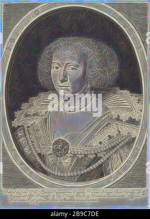 Portrait d'Amalia van Solms, buste avec col plat en dentelle et cordons de perle, bijou sur la poitrine dans un cadre ovale avec devise latine. En marge inférieure inscription latine en trois lignes, Amalia van Solms, Willem Jacobz. Delff, 1629 - 1679, papier, gravure, h 416 mm × W 297 mm, réinventé par Gibon, design de brillant chaleureux et gai de luminosité et de rayons de lumière radiance. L'art classique réinventé avec une touche moderne. La photographie inspirée du futurisme, qui embrasse l'énergie dynamique de la technologie moderne, du mouvement, de la vitesse et révolutionne la culture. Banque D'Images