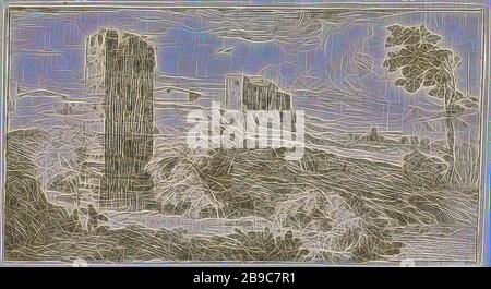 Paysage avec une tour carrée, un paysage avec une tour carrée au premier plan. A l'arrière-plan d'une ville, Paysage avec tour ou château (paysage urbain avec figures, étalage), Abraham Genoels, Paris (éventuellement), 1650 - 1723, papier, gravure, avec 170 mm × h 91 mm, repensé par Gibon, design de glanissement chaleureux et gai de luminosité et de rayons de lumière. L'art classique réinventé avec une touche moderne. La photographie inspirée du futurisme, qui embrasse l'énergie dynamique de la technologie moderne, du mouvement, de la vitesse et révolutionne la culture. Banque D'Images
