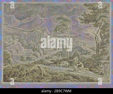 Trois bergers dans une tempête, dans une tempête trois bergers conduisent leur bétail à la ville. A côté de la route un arbre divisé par la foudre., tempête, herding, herdsman, herdswoman, berger, bergers, lâches, etc., paysages, Johannes Gottlieb Glauber (mentionné sur l'objet), 1666 - 1703, papier, gravure, h 292 mm × W 394 mm, réimaginé par Gibon, conception de rayons de lumière et de gaie. L'art classique réinventé avec une touche moderne. La photographie inspirée du futurisme, qui embrasse l'énergie dynamique de la technologie moderne, du mouvement, de la vitesse et révolutionne la culture. Banque D'Images