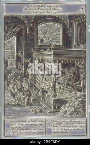 La mort de l'homme riche et de Lazarus Eadem Feria (titre sur objet), l'homme riche ment sur son lit de mort. La famille et les amis se réjouies des morts. Les démons prennent l'âme de l'homme riche en enfer. En arrière-plan vous pouvez voir comment l'âme de Lazarus est prise au ciel par un ange. Divers éléments du spectacle ont des lettres qui correspondent à la légende dans la marge., Dives meurt, son âme est portée en enfer par des diables, Lazarus meurt: Son âme est portée dans le tour d'Abraham par des anges, Johannes Wierix (mentionné sur l'objet), Anvers, 1593, papier, gravure, h 233 mm × W 146 mm, repensée par G Banque D'Images