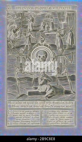 Miroir de la vie Specvlvm vilitatis propriae (titre sur l'objet) Douze miroirs avec lequel l'homme tente de voir Dieu (titre de la série) Duodecim spéculum Deum (titre de la série), au premier plan un miroir avec un crâne. Quatre serpents autour du miroir, symbolisant le péché originel. Un croyant est assis sous le miroir sur un cercueil. Deux squelettes se tiennent de chaque côté du miroir et point leurs flèches au croyant. Dans l'arrière-plan Moïse et le buisson ardent, Adam et Ève dans le paradis terrestre, la bénédiction de deux de fervents croyants d'un prêtre, à l'arrière droit d'un garçon avec une écharde dans son oeil est réprimandé par un Banque D'Images