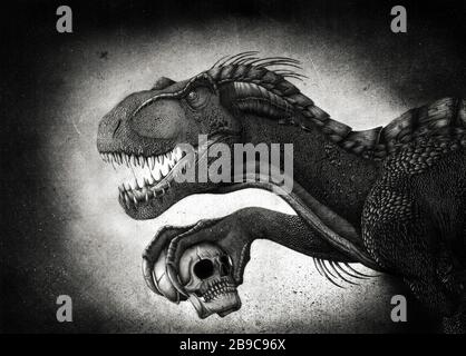 Dinosaure Indoraptor sautant un crâne avec son talon. Banque D'Images