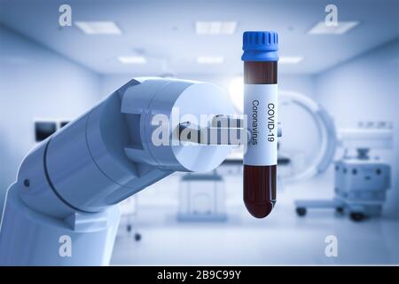 test sanguin de maintien des mains robotisées de rendu tridimensionnel pour covid-19 Banque D'Images