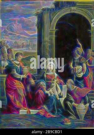 L'adoration des Mages, l'adoration des Mages. Marie est assise avec l'enfant du Christ sur ses genoux devant une colonne classique cassée par une arche. Gauche et droite les rois avec leurs cadeaux. Sur la droite, un vieil homme pointe vers l'étoile dans le ciel au-dessus de l'écurie., Garofalo, c. 1530 - c. 1540, panneau, peinture à l'huile (peinture), h 79 cm × W 58 cm, repensée par Gibon, conception de la gaie chaleureuse de luminosité et de rayons de lumière radiance. L'art classique réinventé avec une touche moderne. La photographie inspirée du futurisme, qui embrasse l'énergie dynamique de la technologie moderne, du mouvement, de la vitesse et révolutionne la culture. Banque D'Images