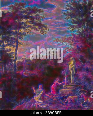 Paysage Arcadien, paysage Arcadien avec deux figures s'agenouillant dans le culte à une statue d'un homme avec un club sur un autel dans la forêt. Sur la droite un troupeau de chèvres., Johannes Glauber, 1680 - 1726, toile, peinture à l'huile (peinture), h 180 cm × W 156 cm d 5.7 cm, repensée par Gibon, design de glanissement chaleureux et gai de luminosité et rayons de lumière radiance. L'art classique réinventé avec une touche moderne. La photographie inspirée du futurisme, qui embrasse l'énergie dynamique de la technologie moderne, du mouvement, de la vitesse et révolutionne la culture. Banque D'Images