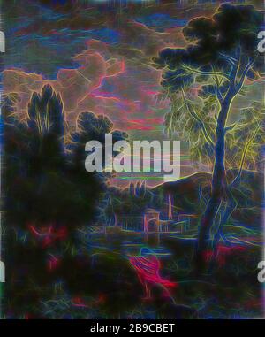 Paysage Arcadien avec Jupiter et IO, Paysage Arcadien avec Jupiter et IO. En arrière-plan, un temple et un obélisque près d'une rivière. Sur la droite un seul grand arbre., Johannes Glauber, 1680 - 1726, toile, peinture à l'huile (peinture), h 160 cm × W 131,7 cm × t 4,2 cm d 5,8 cm, repensé par Gibon, design de glanissement chaleureux et gai de la luminosité et des rayons de lumière radiance. L'art classique réinventé avec une touche moderne. La photographie inspirée du futurisme, qui embrasse l'énergie dynamique de la technologie moderne, du mouvement, de la vitesse et révolutionne la culture. Banque D'Images