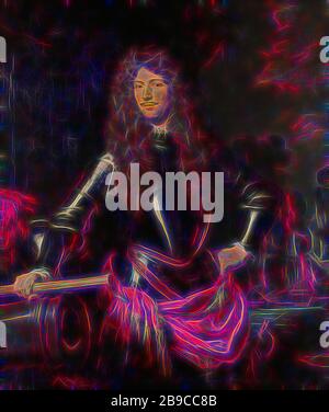 Cornelis Evertsen, Lieutenant-amiral ou Zeeland Cornelis Evertsen (1642-1706). Lieutenant-amiral de Zeeland, Portrait de Cornelis Evertsen, Lieutenant-amiral de Zeeland. Debout en armure, demi-longueur, avec le personnel de commandement dans la main droite penchant contre le canon d'un canon, la main gauche dans le côté. A l'arrière-plan, une bataille navale, commandant en chef, général, maréchal (force navale), Bataille de Lowesoft, RAID sur le Medway, Cornelis Evertsen (II), Nicolaes Maes, 1680, toile, peinture à l'huile (peinture), h 148 cm × W 124 cm, repensée par Gibon, conception de gai gai gai de la luminosité et imaginé Banque D'Images